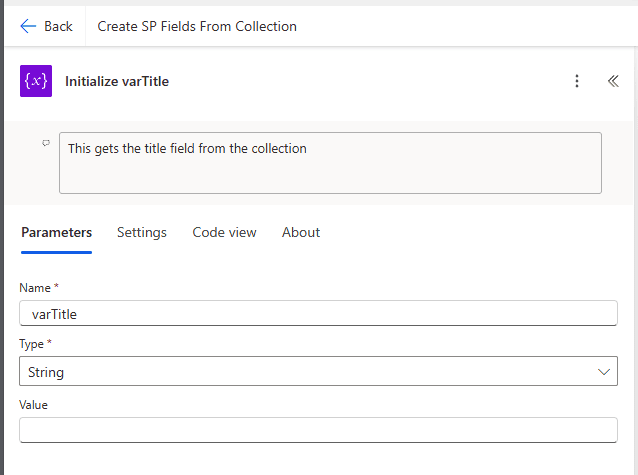 PA Workflow Create Fields From Collection Init varTitle