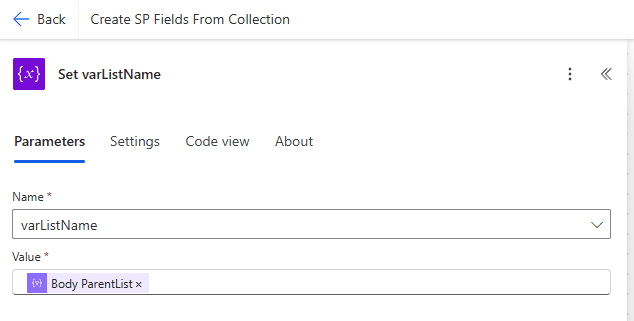 PA Workflow Create Fields From Collection Set varListName